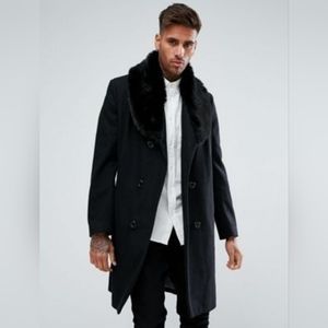 boohooMAN Double Breasted Wool Overcoat With Faux Fur Trim In Black